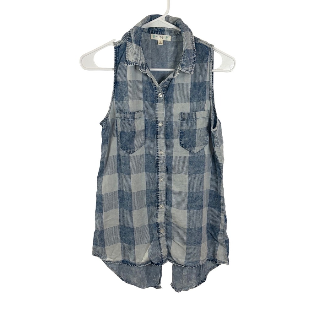 Love Fire Blue Buffalo Plaid Womens Sleeveless Lyocell Button Down Shirt Small‎